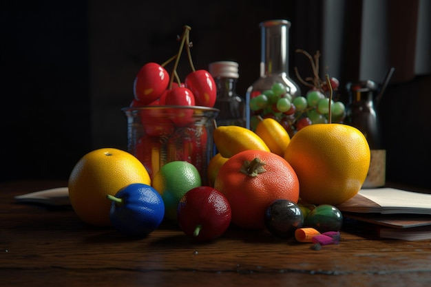 Una natura morta di frutta e una bottiglia di vino