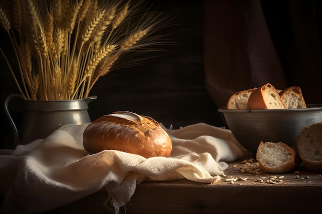 Una natura morta di pane e grano su un tavolo