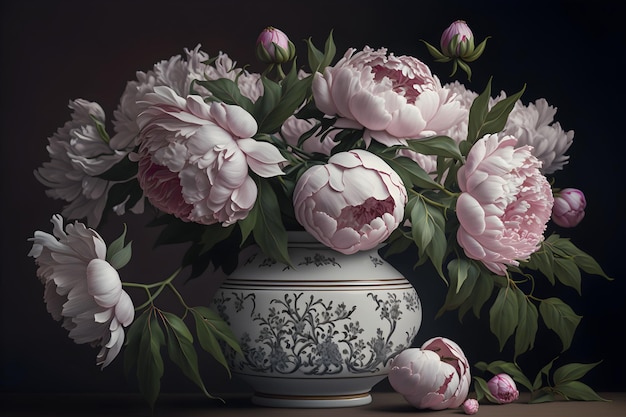 Una natura morta di peonie rosa tenue e altri fiori nello stile di Olaf August Hermanser