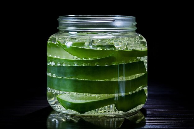 Una natura morta di un barattolo di vetro pieno di fette di aloe vera appena tagliate