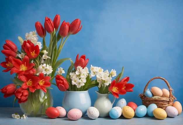 Una natura morta di una felice Pasqua a casa con fiori primaverili e uova colorate sul tavolo