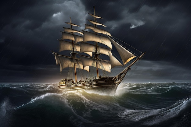 una nave bloccata in mezzo all'oceano durante una violenta tempesta