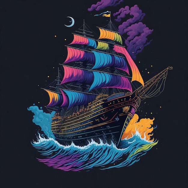 Una nave colorata nel mare illustrazione vettoriale ad acquerello