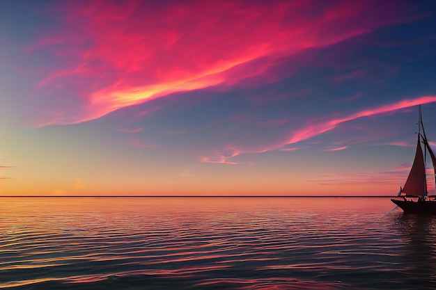 Una nave con le vele che naviga sotto un cielo rosa all'alba su un'illustrazione 3d del mare calmo