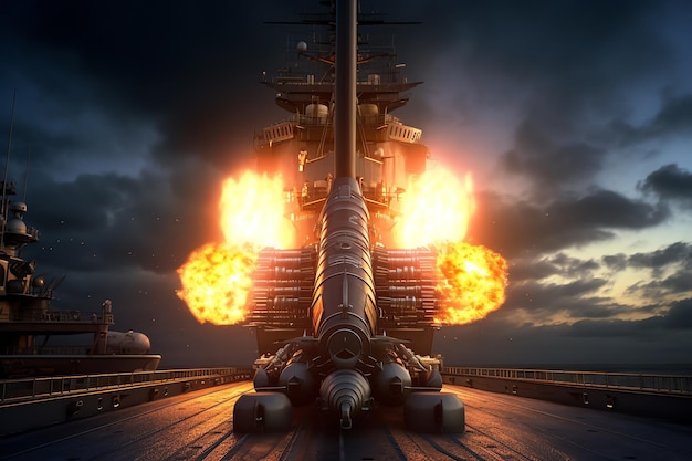 Una nave con un enorme cannone e delle fiamme che ne escono.