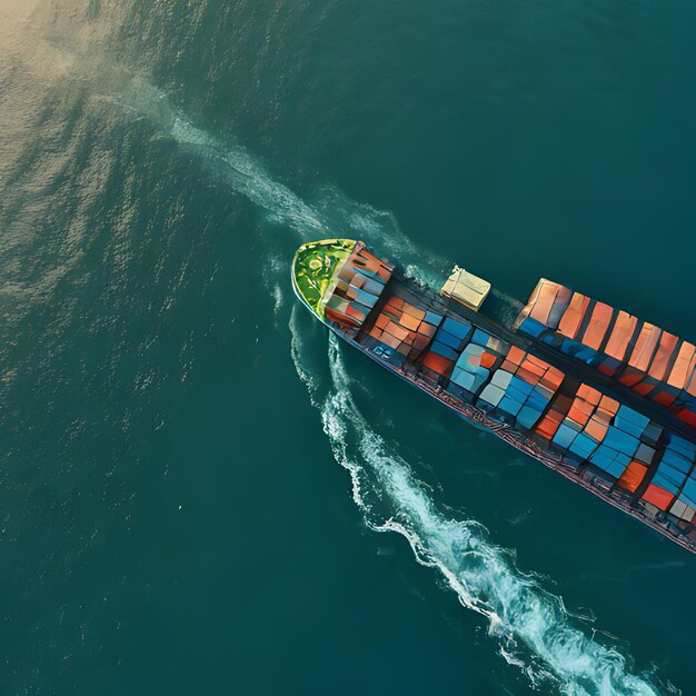 una nave container sta viaggiando sull'acqua con una cima verde