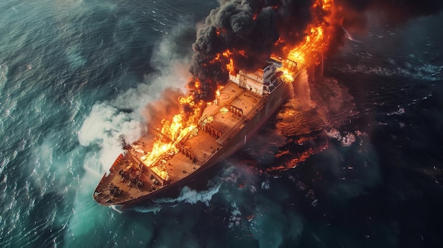 Una nave da carico in fiamme inghiottita dalle fiamme in mezzo a un oceano tumultuoso