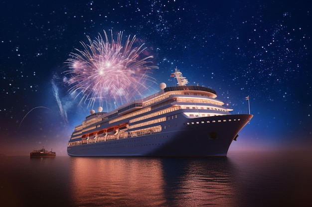 Una nave da crociera con fuochi d'artificio sullo sfondo