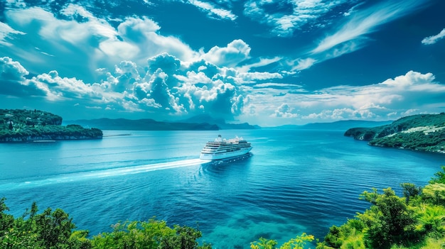 Una nave da crociera è ancorata in mezzo a un grande corpo d'acqua circondato dalla bellezza naturale di una baia tropicale