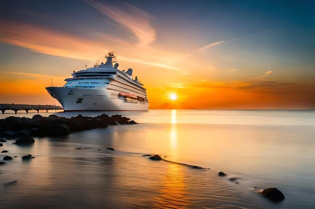 una nave da crociera è ormeggiata nell'acqua al tramonto