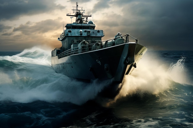 Una nave da guerra in mare setaccia le onde generate dall'intelligenza artificiale