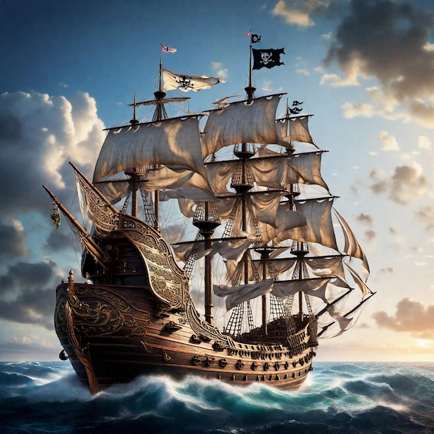una nave del diciassettesimo secolo naviga a tutta vela attraverso il mare