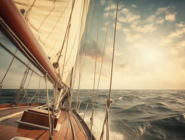 una nave è in acqua con uccelli bella barca a vela in mare una vista dalla parte anteriore di una barca a vela