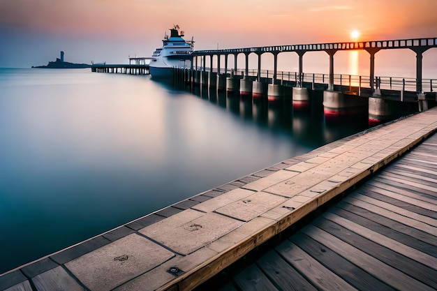 Una nave è ormeggiata al molo al tramonto.