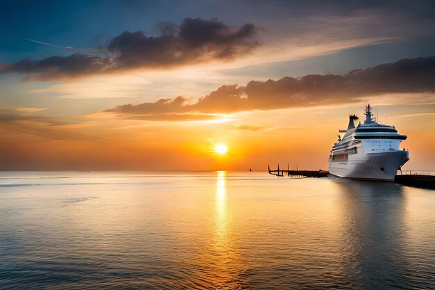 una nave è ormeggiata nell'acqua con il sole che tramonta dietro di lei