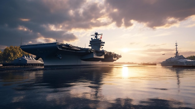 Una nave in acqua con il sole che tramonta dietro di essa