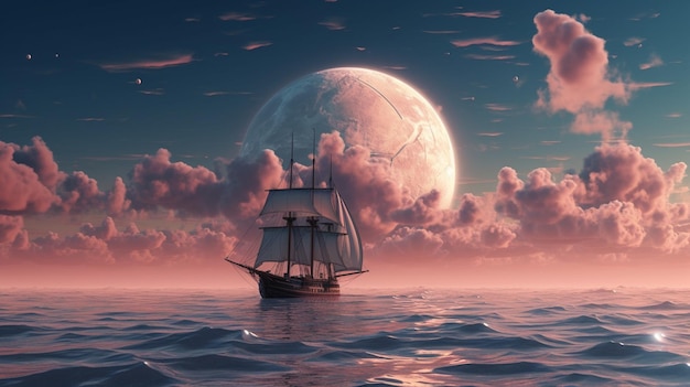 Una nave nell'oceano con la luna alle spalle