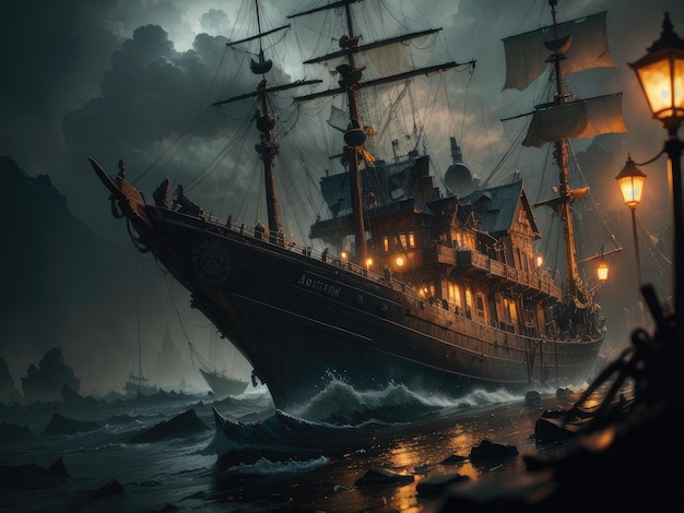 Una nave nell'oceano con la parola pirata sul lato
