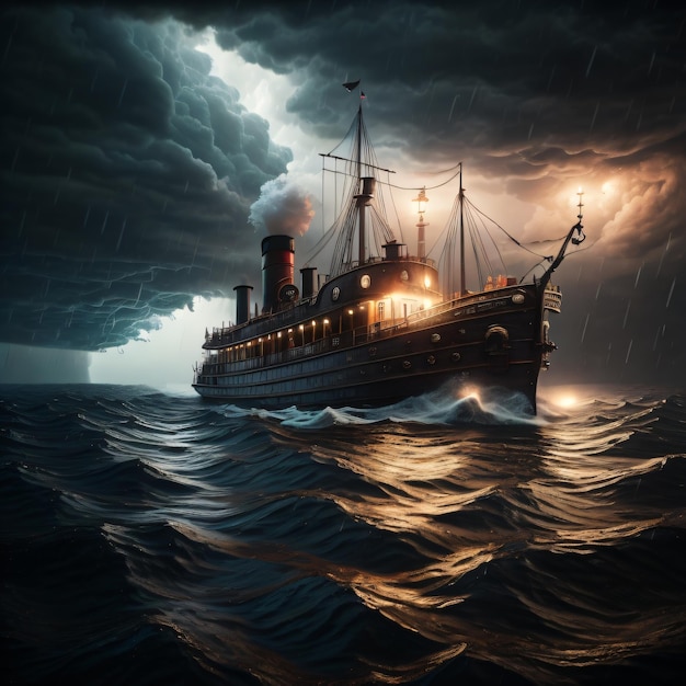 Una nave nell'oceano con una nuvola di tempesta sullo sfondo.