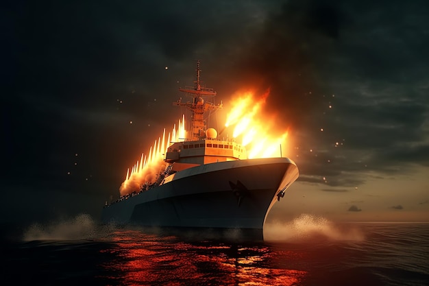 Una nave palla di fuoco sta bruciando sull'acqua con una grande palla di fuoco sulla parte anteriore.