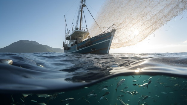 una nave peschereccio sta pescando nell'oceano con la rete