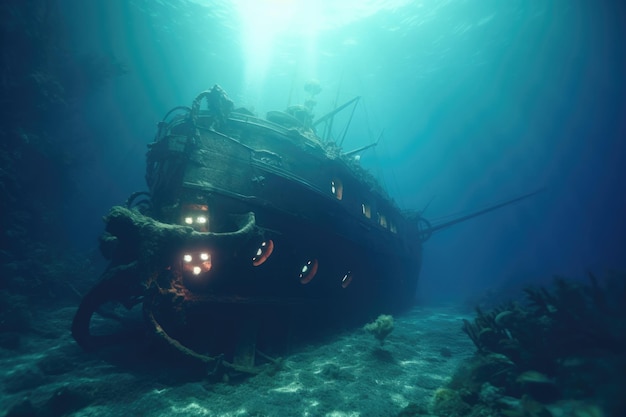 Una nave pirata affondata sotto l'acqua con un calamaro gigante splendida Generative AI AIG32