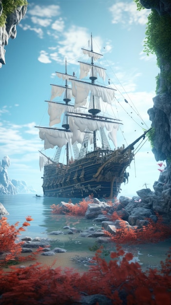Una nave pirata che naviga attraverso una vibrante barriera corallina