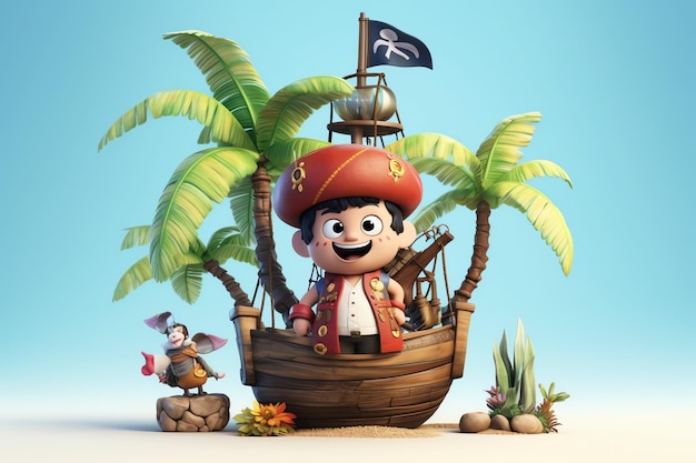 Una nave pirata dei cartoni animati è su una spiaggia con palme e una nave pirata.