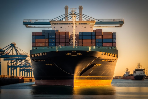 una nave portacontainer in un porto trafficato che simboleggia il commercio e il commercio globale