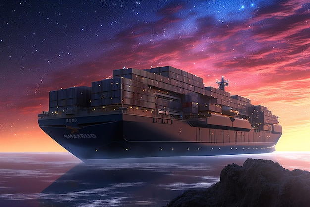 Una nave portacontainer sta navigando sull'oceano al tramonto