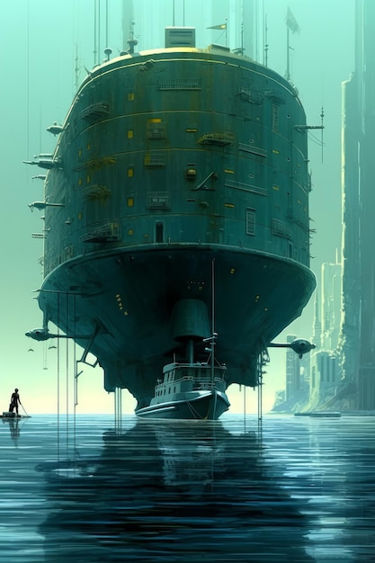 Una nave seduta sull'oceano vicino a grandi edifici