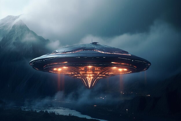 una nave spaziale aliena con luci in cima e la parola "quot" in basso.