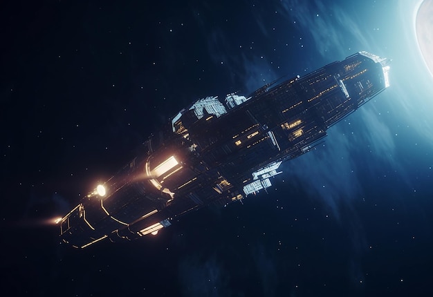 Una nave spaziale in una scena spaziale con le parole nave spaziale al centro.