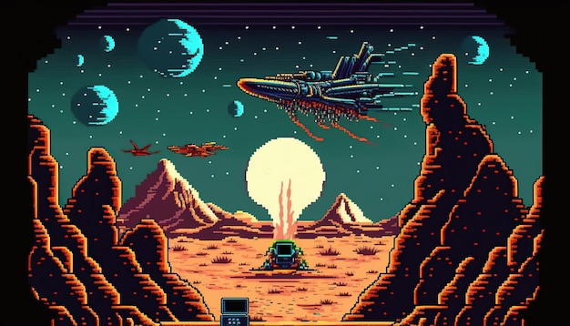 Una nave spaziale su una pista Livello di giochi per computer retrò Pixel art scena di videogiochi a 8 bit