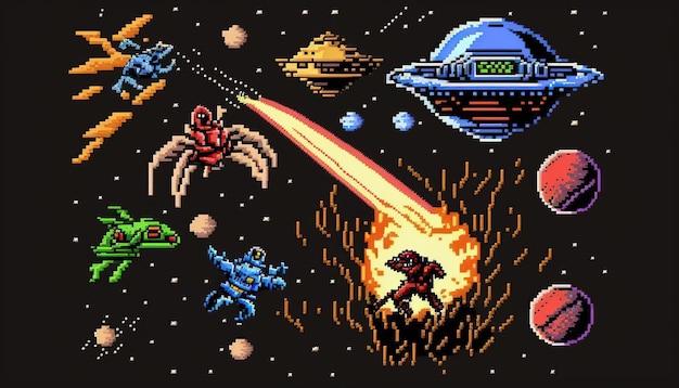 Una nave spaziale su una pista Livello di giochi per computer retrò Pixel art scena di videogiochi a 8 bit