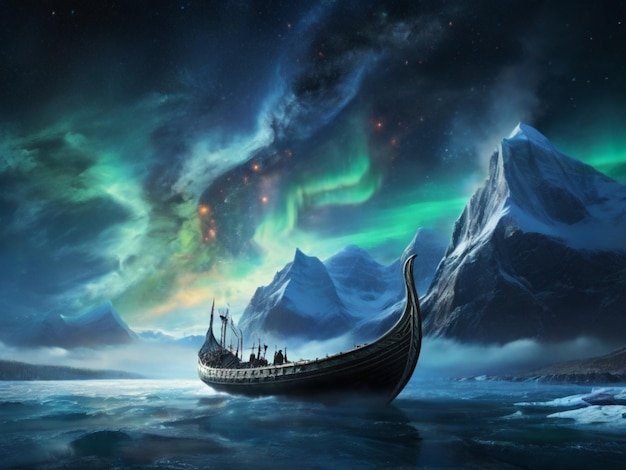 una nave sta galleggiando nell'oceano con l'aurora boreale visibile