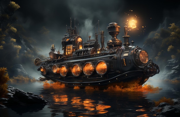 una nave steampunk in acqua