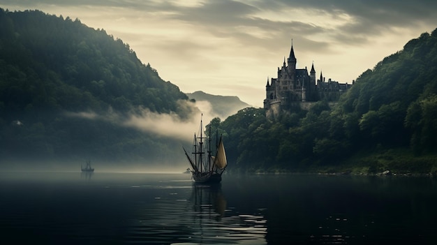 Una nave su un lago con un castello sullo sfondo