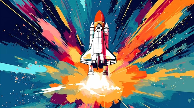 Una navetta spaziale colorata che vola nello spazio con uno sfondo colorato.