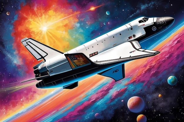 Una navetta spaziale sta volando in una colorata nave spaziale
