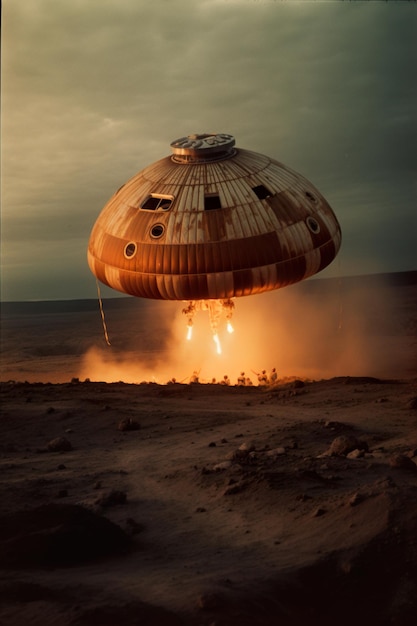 Una navicella spaziale sta sorvolando un deserto con il lancio di un razzo sullo sfondo.