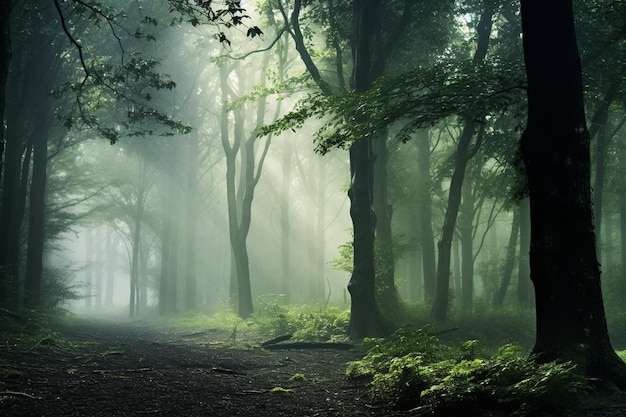 Una nebbia mistica avvolge una scena tranquilla della foresta