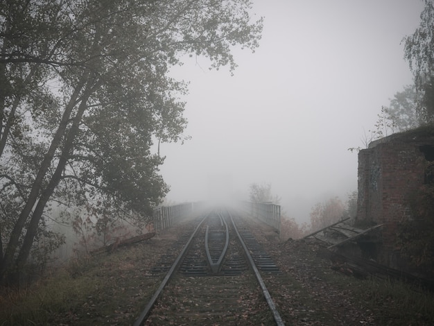 Una nebbiosa e buia mattina d'autunno. la vecchia ferrovia nebbiosa se ne va.