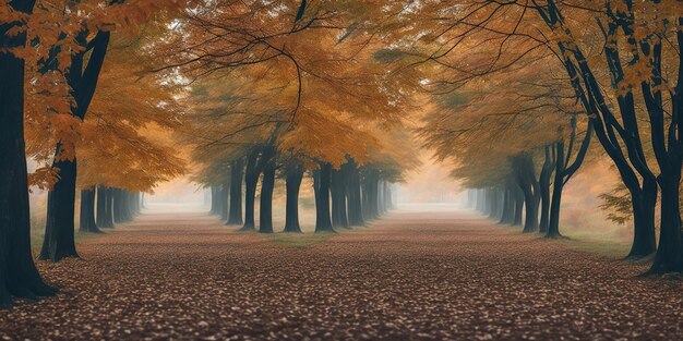 Una nebbiosa scena autunnale con alberi in primo piano e la parola fall in basso a destra.