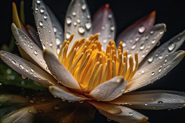 Una ninfea o un fiore di loto con gocce sui suoi petali galleggiano nello stagno Generative AI