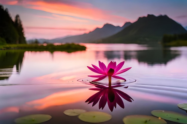 una ninfea rosa galleggia in un lago con le montagne sullo sfondo.