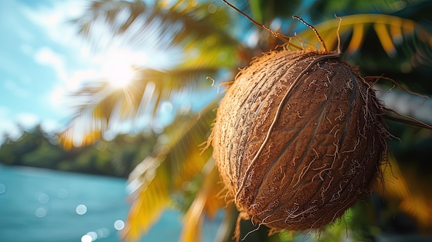 Una noce di cocco appollaiata su una palma oscilla dolcemente nella brezza dell'oceano sullo sfondo di un lussureggiante tr