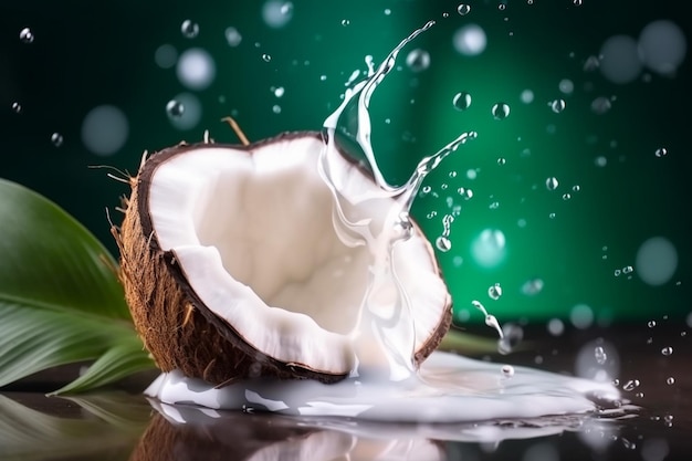 Una noce di cocco che spruzza nell'acqua con una spruzzata di acqua di cocco.