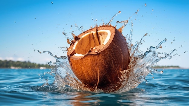 Una noce di cocco che sputa fuori dall'acqua, ripresa in primo piano della Giornata Mondiale della Noce di Cocco