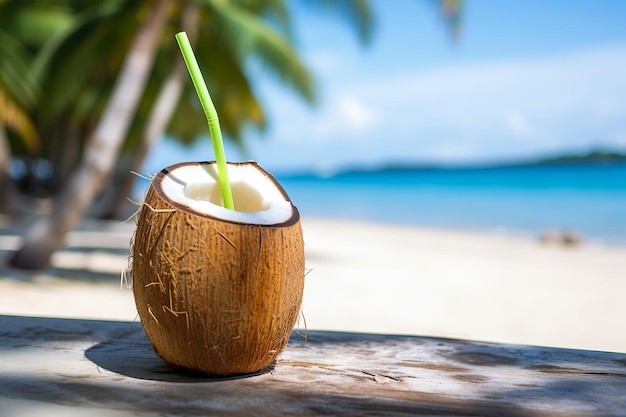 Una noce di cocco con dentro una cannuccia si trova su una spiaggia.